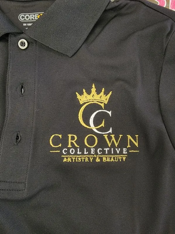 Custom business logo embroidery on black polo in Indianapolis