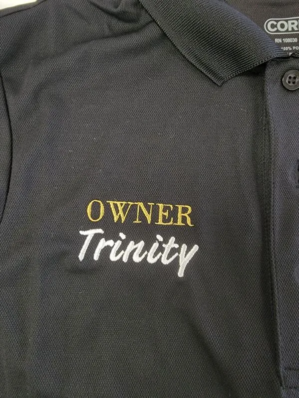 Personalized employee name and title embroidery on polo shirt